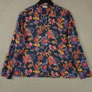 Natura Shirt Womens Medium Blue Orange Floral Button Up Semi Sheer Textured Top